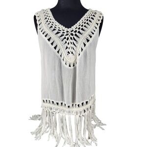 Miracle med/large boho-style sleeveless beach cover-up crochet knit fringe hem
